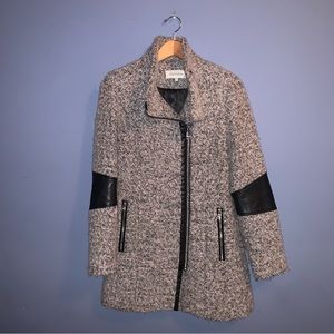 Calvin Klein Faux Leather Trim Boucle Wool Coat Size XS